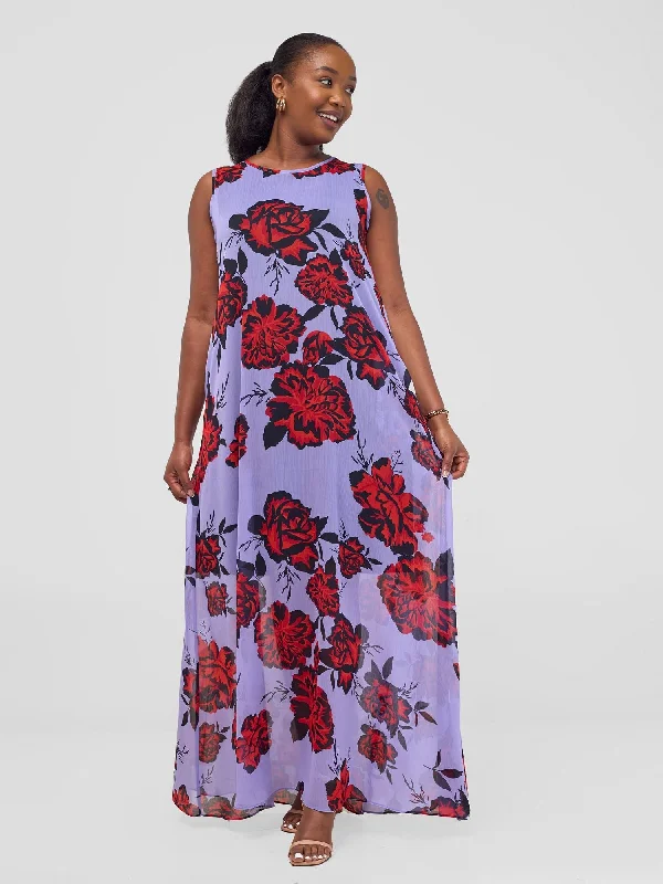 Hurry! While Supplies Last!Basic Sleeveless Tent Maxi Dress - Purple / Orange Print