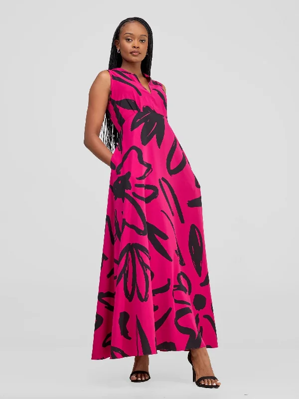 Special Offer – Act Fast!Chesi V-Neck Maxi Dress - Hot Pink / Black Hesi Print