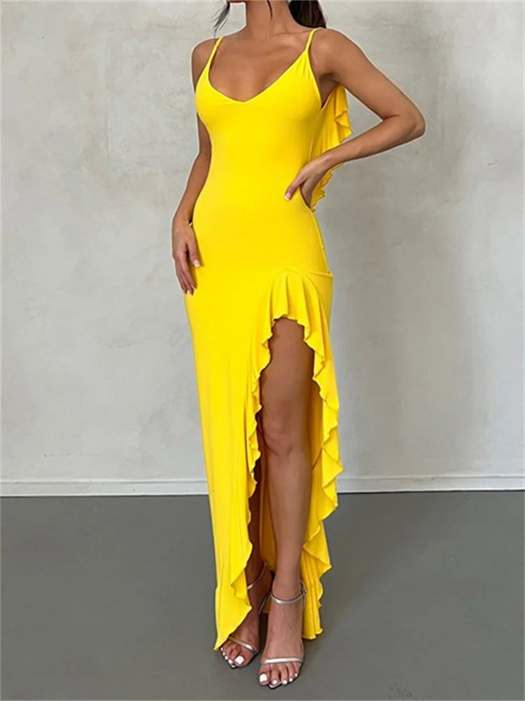Hot Deals You Can’t Resist!Amy Fashion - Women Spaghetti Strap Backless Ruffles  Sexy Slim Fit V Neck Sleeveless Strap Ruched Beach  Vestidos