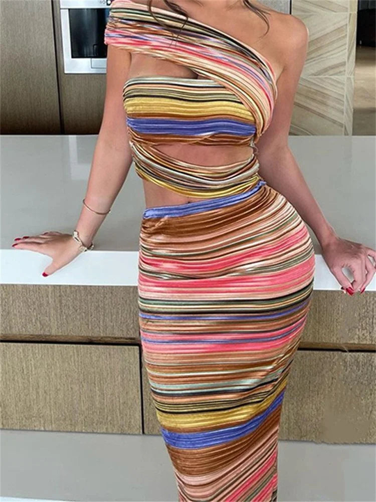 New Discounts Just Dropped!Amy Fashion - Women Striped Bodycon Summer Irregular Cutout One Shoulder Sleeveless Beach Party for Club Streetwear New