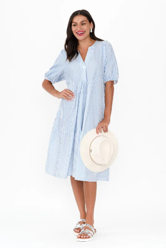 Your Best Deals Are Here!Zariah Blue Stripe Cotton Tier Dress