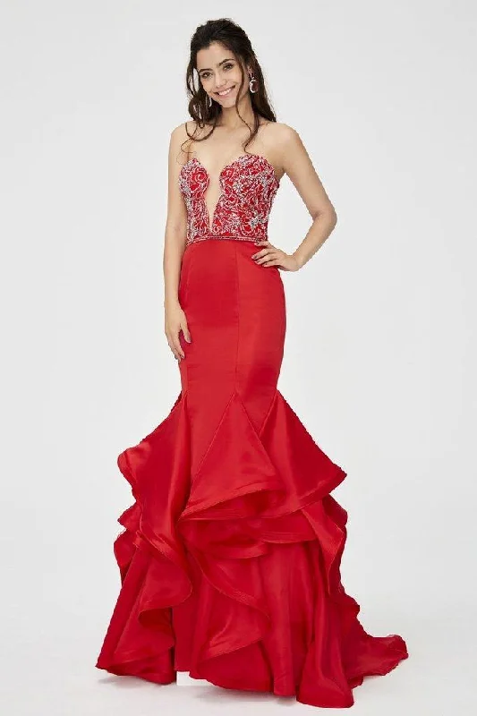 Unmissable Offers Await!Angela & Alison  - 81139 Beaded Embellished Plunging Illusion Neck Ruffled Mermaid Gown - 1 pc Hot Red in Size 6 Available