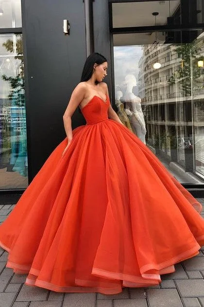 Limited-Time Price Drop!Backless Orange Red Prom Ball Gown Dress Plunging Sweetheart Neckline