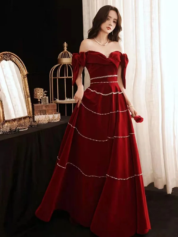 Your Shopping Wish, Our Discount Command!Burgundy Velvet Long Prom Dresses, Pearl Prom Dresses, A-line Prom Dresses, Formal Dresses, RC019