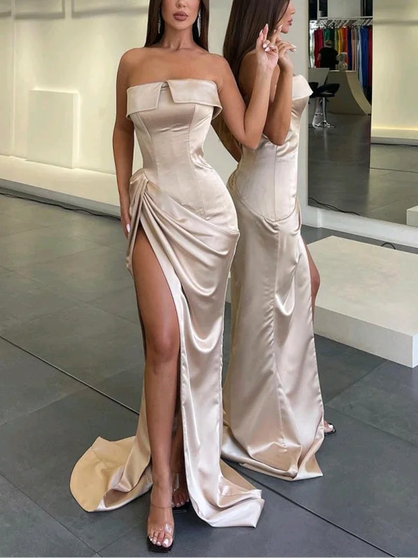 Score Huge Discounts Today!Champagne Mermaid Unique High Slit Modest Elegant Evening Formal Long Prom Dresses PD1437