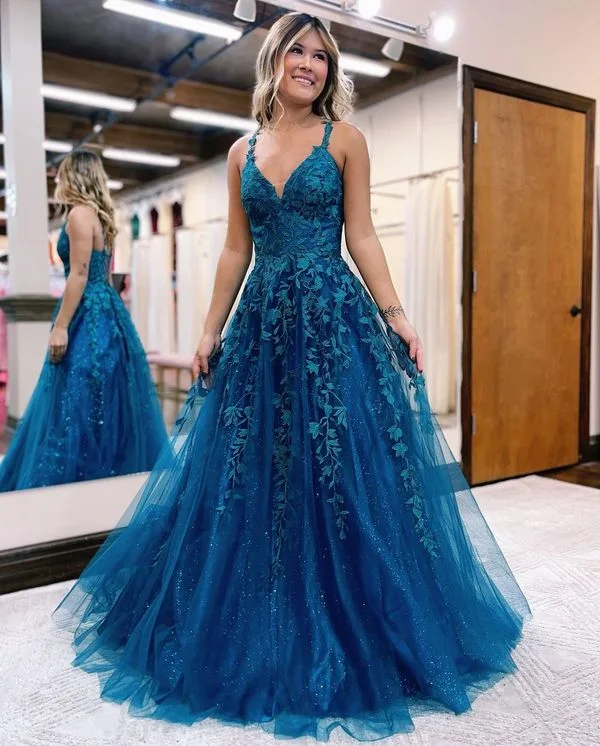 Save Money, Shop Happy!Cute A Line V Neck Tulle Prom Dresses with Appliques     cg24918