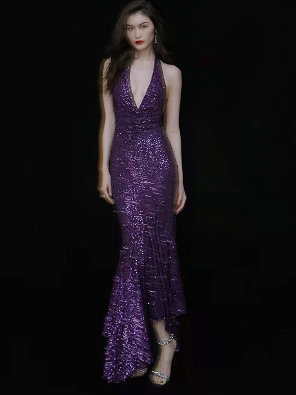 Buy More, Pay Less!Deep V-neck Purple Sequin Mermaid Prom Dresses, Halter Long Prom Dresses, Sexy Long Prom Dresses, RC017