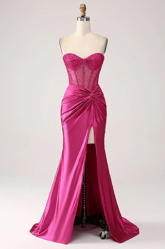 Limited-Time Price Drop!Hot Pink Mermaid Sweetheart Pleated Long Corset Satin Prom Dress With Slit