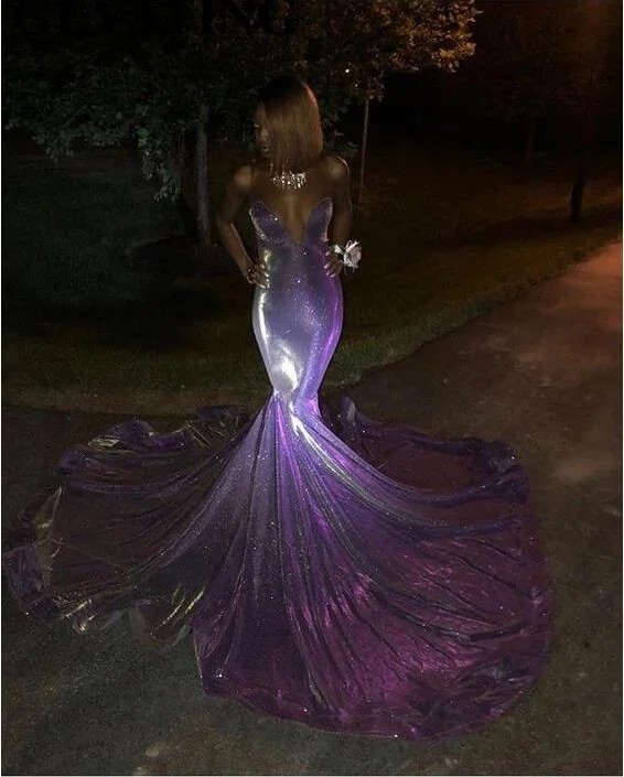 Grab Yours Before It’s Too Late!Glitter Long Mermaid Black Girl Prom Dresses Sweetheart Court Train Purple Sequin African Evening Formal Dress     cg24878