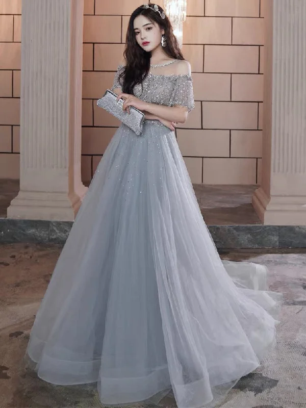 Enjoy Huge Discounts Now!Gorgeous Beaded Long Prom Dresses, A-line Prom Dresses, Dusty Blue Tulle Prom Dresses, RC018