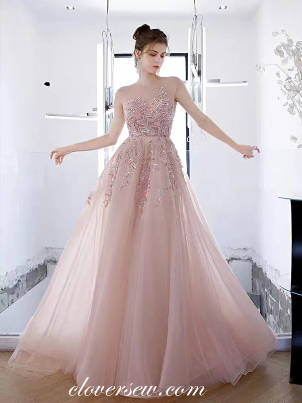 Snag the Best Prices Now!Gorgeous Beading Applique Pink Tulle Cap Sleeves A-line Prom Dresses,CP0975