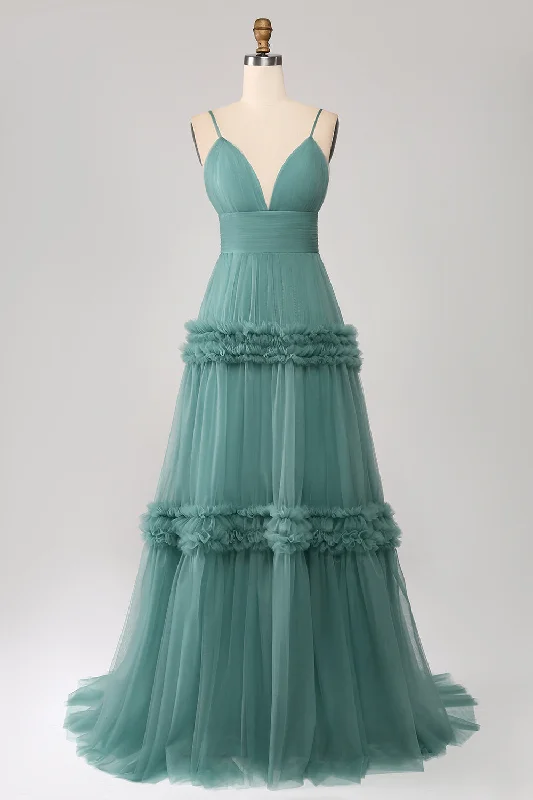 Shop Before It’s Gone!Green A Line Spaghetti Straps Tulle Long Prom Dress with Ruffles
