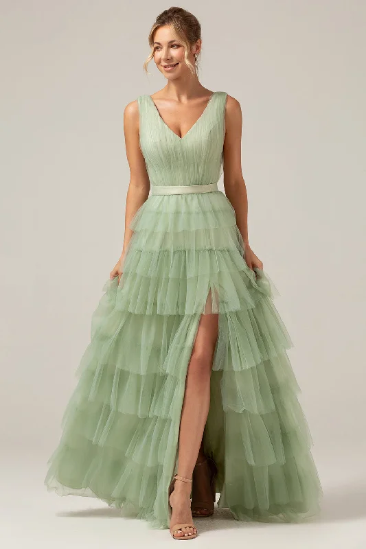 Limited-Time Price Drop!Green Tiered A Line V-Neck Tulle Long Prom Dress with Slit