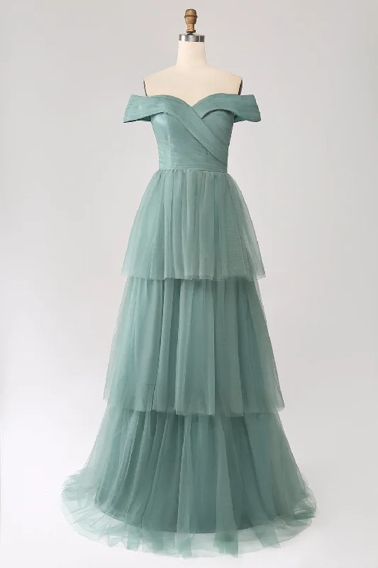 Don't Miss Out!Grey Green A Line Off the Shoulder Tiered Tulle A Line Prom Dress