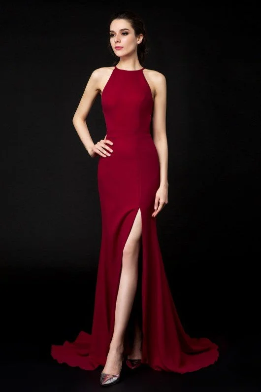 New Discounts Just Dropped!Halter Neckline Burgundy Evening Dresses Side Slit