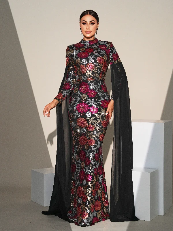 Shop the Hottest Deals!High Collar Floral Multicolor Evening Dress MES00573
