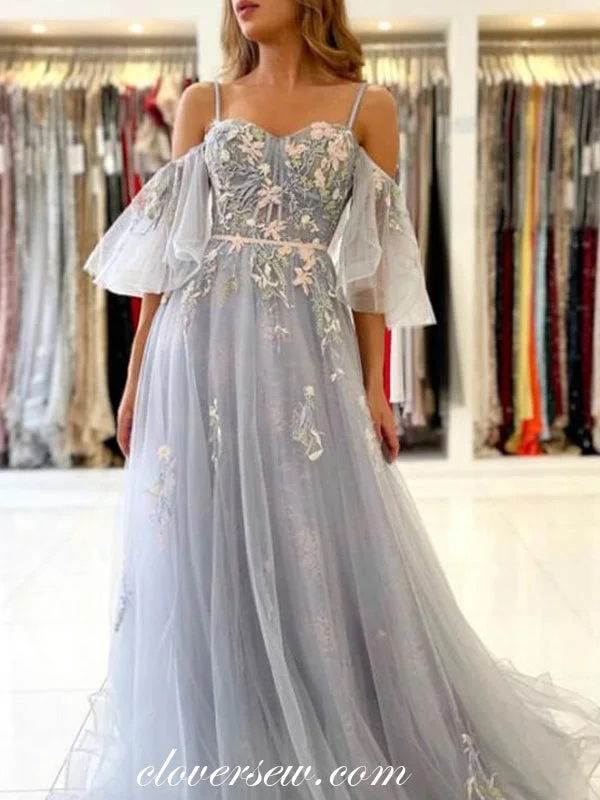 The Best Sale of the Year!Light Grey Tulle 3D Applique Puffy Sleeves A-line Prom Dresses, CP0973