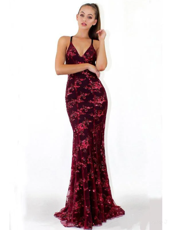 Savings You Can’t Ignore!Long Mermaid Burgundy Sequin Lace Prom Dresses, Long Prom Dresses, Affordable Prom Dresses