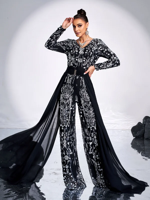 The Best Deals Won’t Wait!Long Sleeve Floral Mesh Belt Jumpsuits MES72101