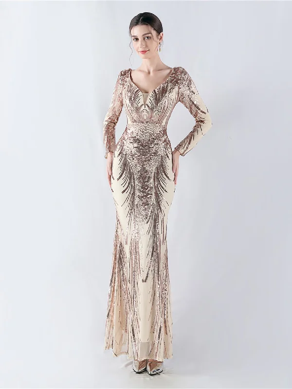 Hurry, Sale Ends Soon!Long Sleeve Sequin V-neck Backless Prom Dress MCW1000