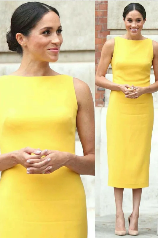 Your Wallet Will Thank You!Meghan Markle's Yellow Dress Tea-Length Satin Prom Gown