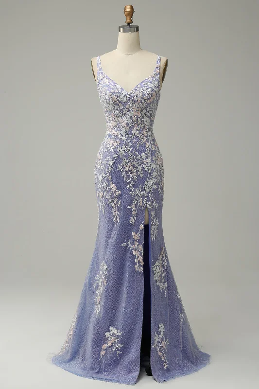 Hottest Discounts of the Year!Mermaid V Neck Light Purple Long Prom Dress with Appliques Beading