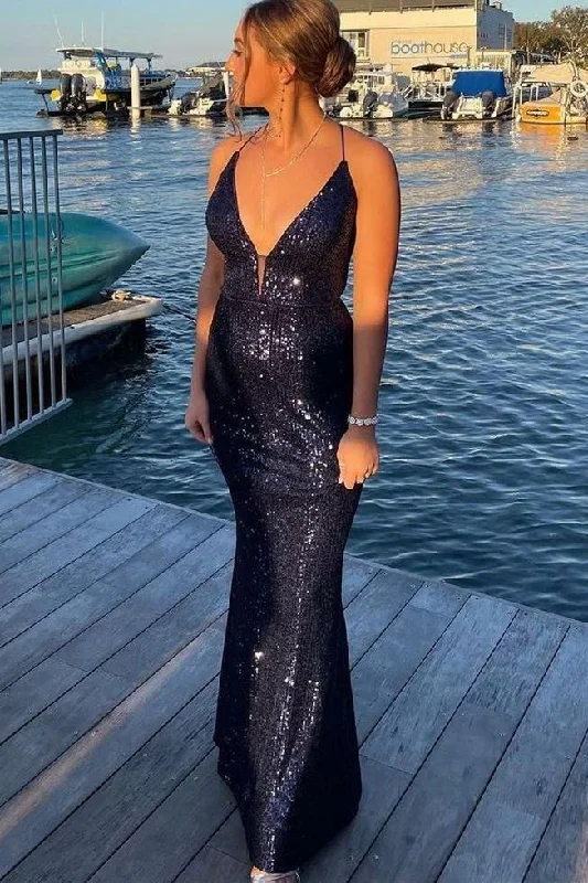 Crazy Discounts Inside!Navy Blue Sequins Mermaid Long Prom Dress     cg24911
