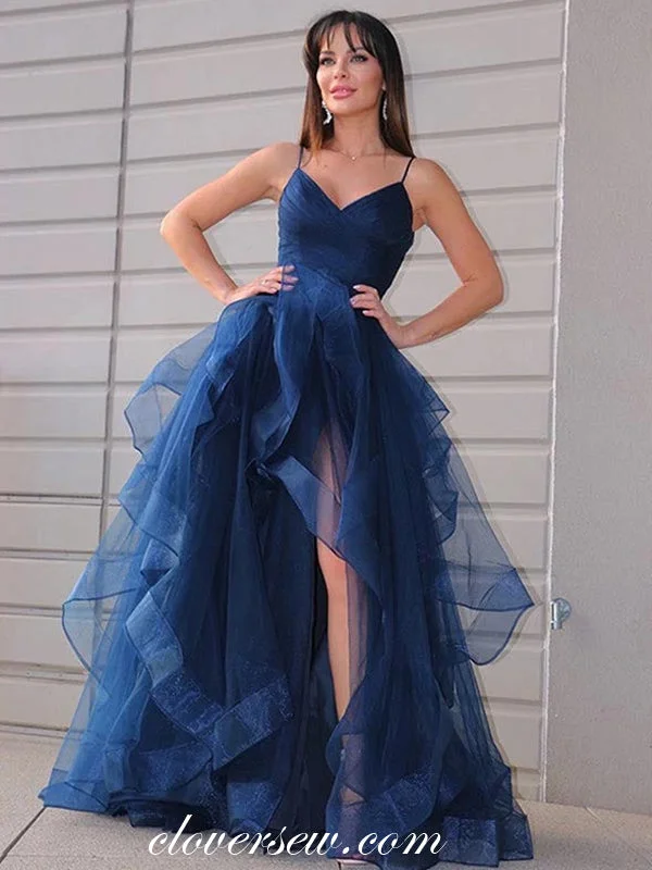 Instant Savings Await!Navy Tulle Ruffles High Low Spaghetti Strap Senior Prom Dresses, CP0982