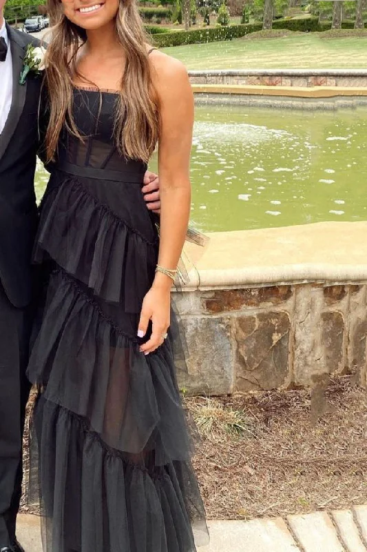 One Click Away from Big Savings!New Arrival A-Line Tiered Tulle Black Prom Dress, Spaghetti Straps Long Evening Dress   cg24881