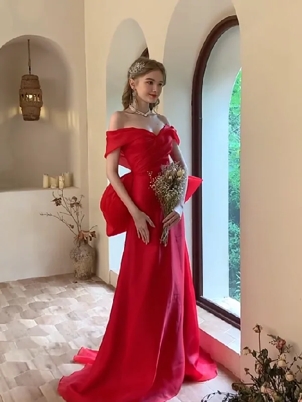 Save Up to 50% Off!Off Shoulder Red  Long Mermaid Prom Dresses, Lovely Long Prom Dresses, 2021 Prom Dresses