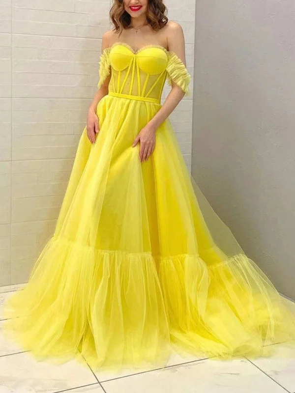 Hot Deals You Can’t Resist!Off The Shoulder Yellow Color Long Prom Dresses, A-line Prom Dresses, Tulle 2022 Newest Prom Dresses