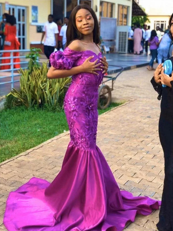Shop Now and Save!Off The Shouler Purple Newest Prom Dresses, Appliques 2022 Prom Dresses, Mermaid Prom Dresses