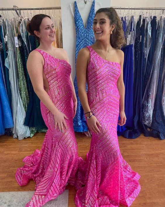 One Day Only – Huge Savings!One Shoulder Mermaid Hot Pink Long Party Prom Dress    cg24877