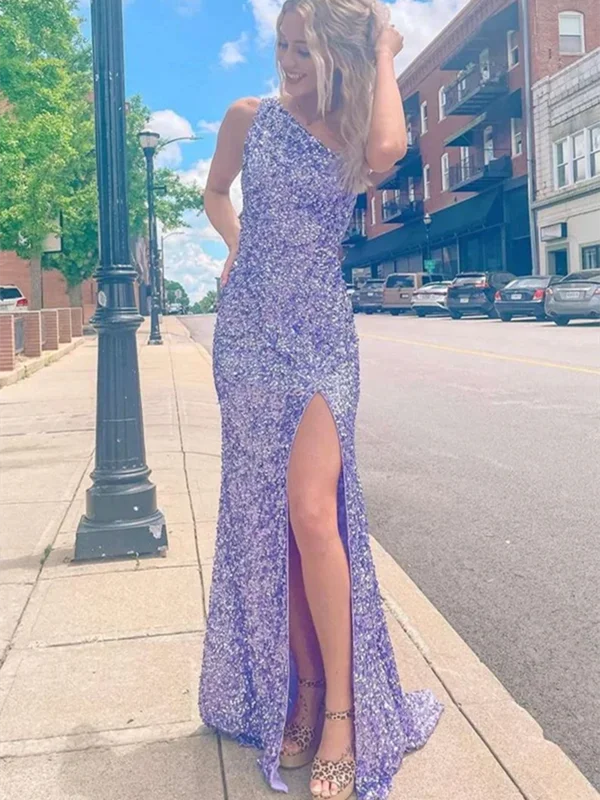 One Day Only – Huge Savings!One Shoulder Stunning Lavender Sequins Long Prom Dress, 2022 Newest Prom Dresses, Side Slit Party Dresses