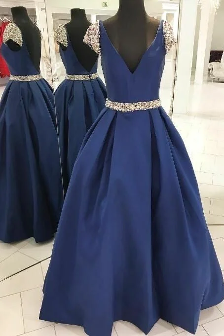 Your Shopping Spree Starts Here!Pearls Beaded Blue Prom Dresses with Cap Sleeves