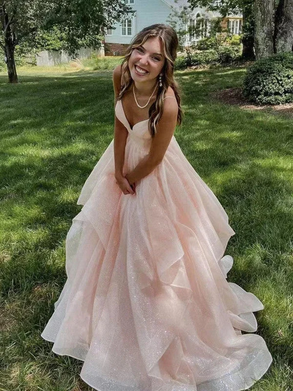 Lowest Prices Guaranteed!Pink Shiny Tulle A-line Long Prom Dresses, 2022 Newest Prom Dresses, Pink Wedding Dresses
