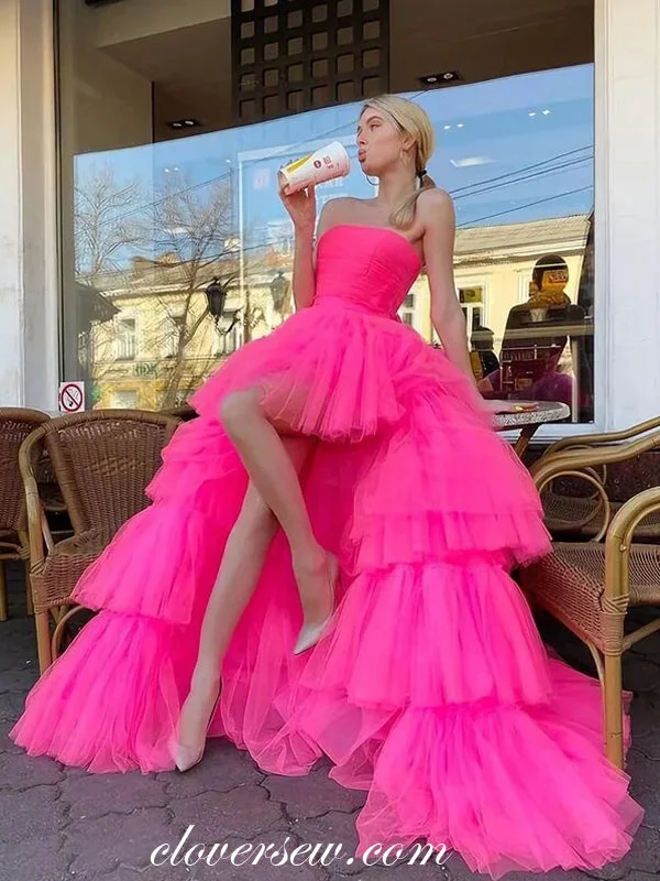 Incredible Savings Inside!Pink Tulle Strapless Tiered High Low Charming Prom Gown, CP0963