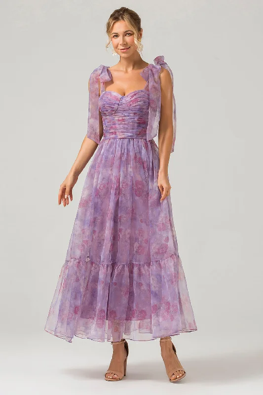 Must-Have Deals Inside!Purple A Line Pleated Printed Tea-Length Prom Dress