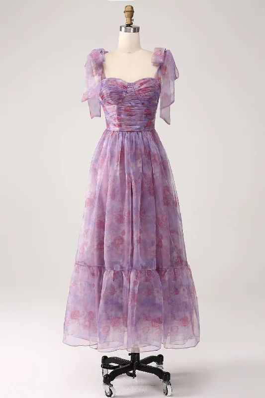 Time to Snag a Bargain!Purple Printed A Line Pleated Long Prom Dress