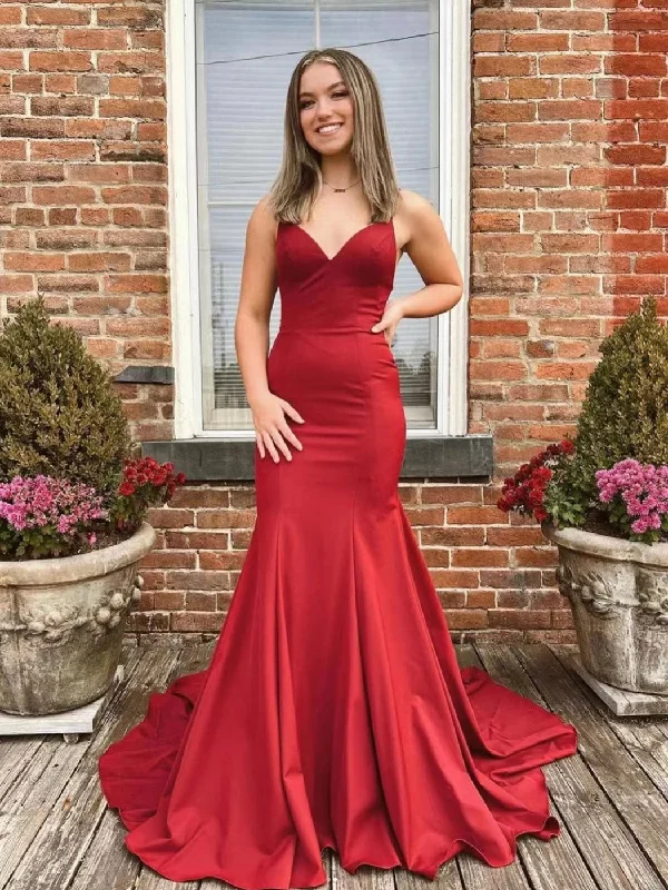 Limited Edition, Limited Price!Red Color Mermaid Long Prom Dresses, V-neck 2022 Prom Dresses, Popular Wedding Bridesmaid Dresses