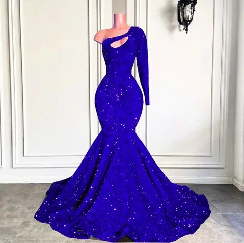 Unmissable Offers Await!Royal blue sparkly prom dresses long sleeve one shoulder mermaid cheap formal party dresses     cg24875