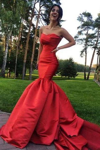 Save More Than Ever!Satin Strapless Red Mermaid Dress for Prom with Open Back