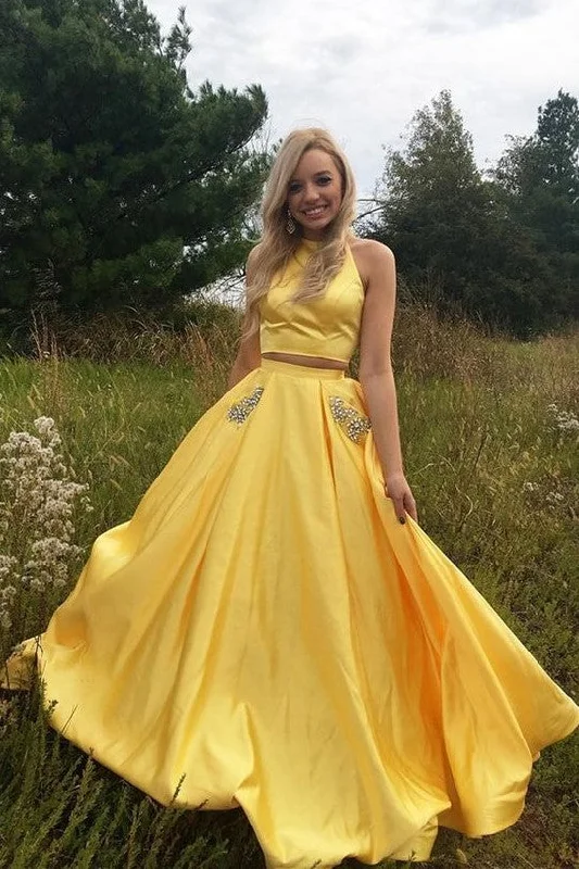 Exclusive Offers You’ll Love!Satin Yellow Two Piece Prom Dresses with Rhinestones Pockets