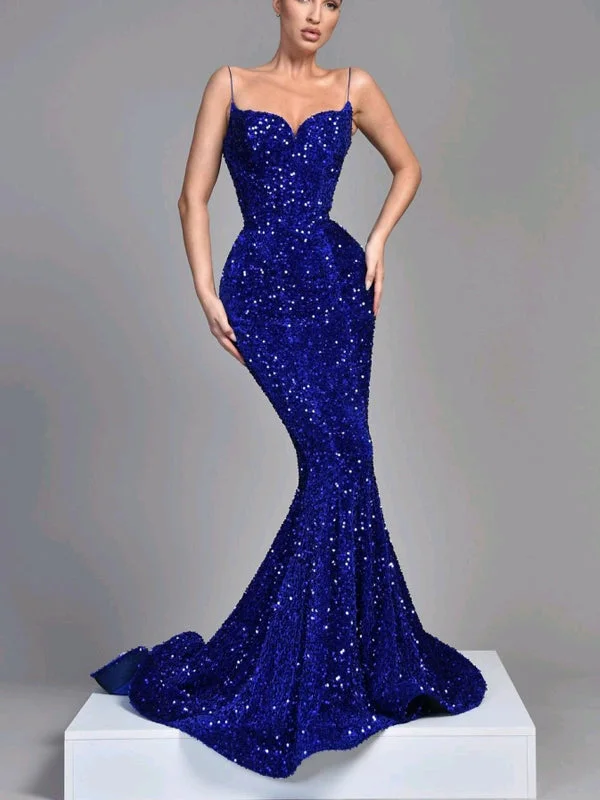 Find the Best Deals Here!Sequin Sparkly Spaghetti Straps Simple Mermaid Unique Modest Elegant Evening Formal Long Prom Dresses PD1440