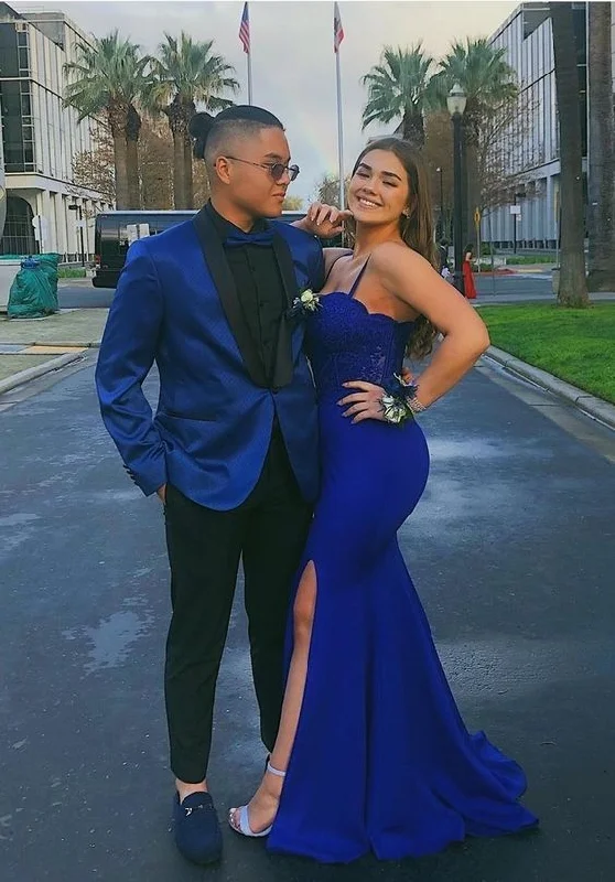 Must-Have Deals Inside!Sexy Royal Blue Sheath Elastic Satin Side Slit Blue Mermaid Prom Dress    cg24888