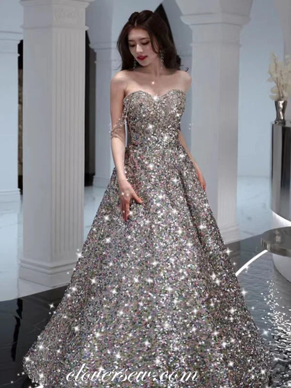 Biggest Sale of the Season!Silver Sequin Beading Strap Sparkly A-line Prom Dresses, CP0967