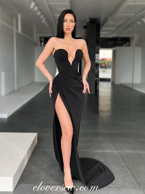 Price Drop Alert!Simple Black V-neck Strapless Side Slit Sheath Long Formal Dresses, CP0960