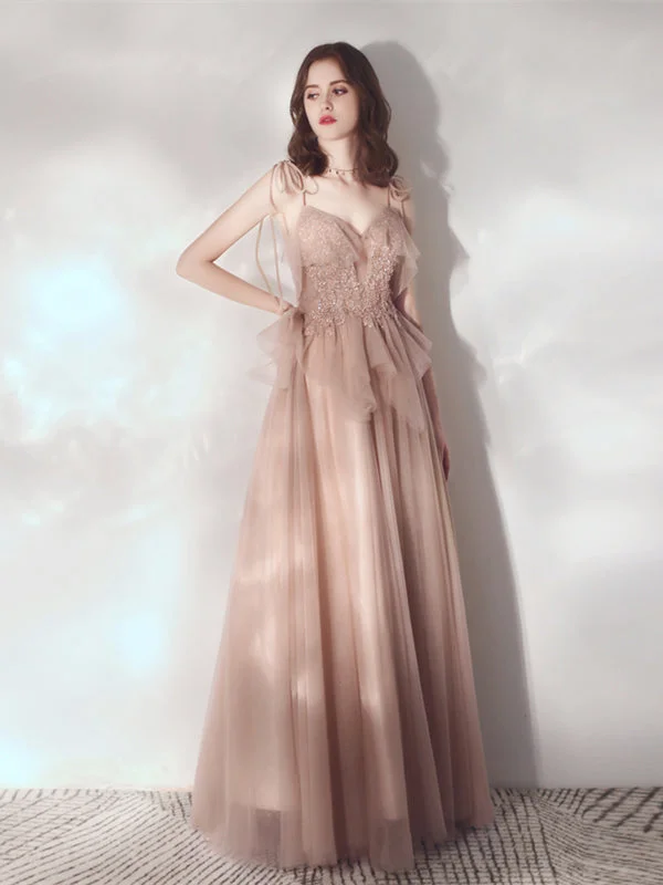 Your Dream Deal is Here!Spaghetti Long A-line Dark Champagne Lace Tulle Prom Dresses, Newest Prom Dresses, 2022 Prom Dresses, RC010