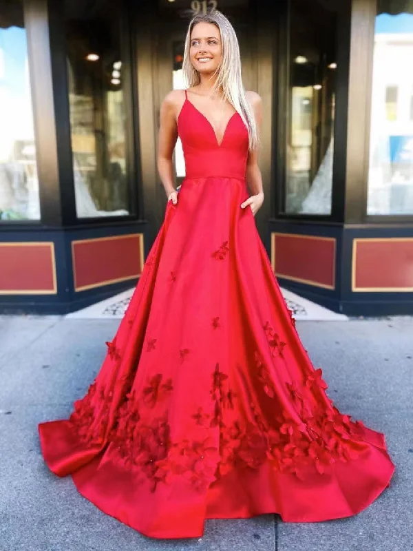 Limited Stock Available!Spaghetti Long A-line Floral Prom Dresses, 3D Satin Flowers Prom Dresses, Popular 2022 Prom Dresses, RC034