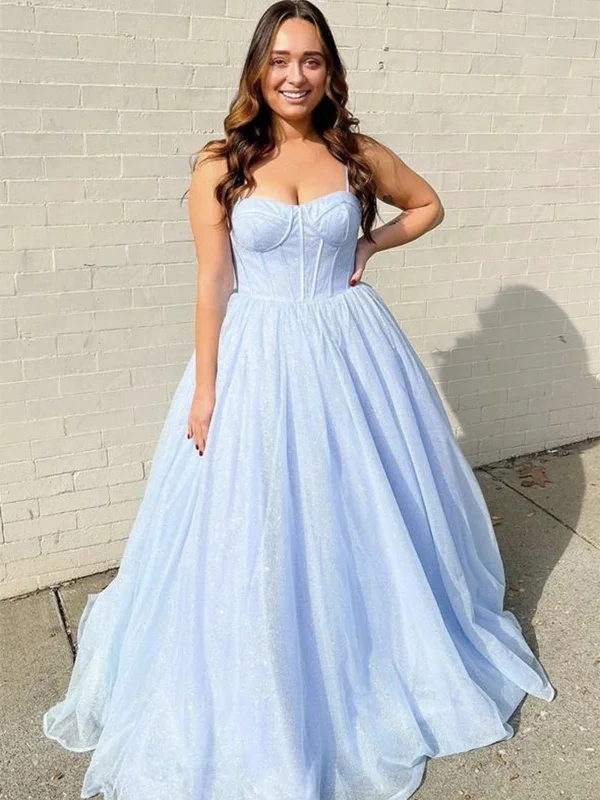 Don’t Wait – Shop Today!Spaghetti Long A-line Light Blue Shiny Tulle Prom Dresses, Popular Prom Dresses, Newest 2022 Prom Dresses, RC037